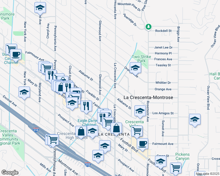 map of restaurants, bars, coffee shops, grocery stores, and more near 2817 Stevens Street in La Crescenta-Montrose