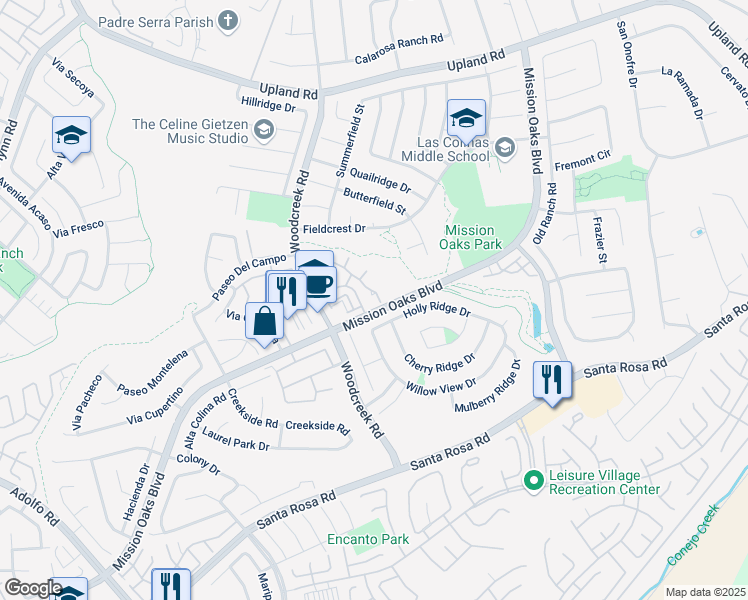 map of restaurants, bars, coffee shops, grocery stores, and more near 1204 Calle Lozano in Camarillo