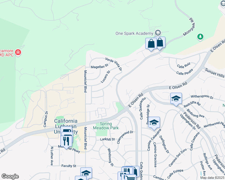 map of restaurants, bars, coffee shops, grocery stores, and more near 142 Ventana Court in Thousand Oaks