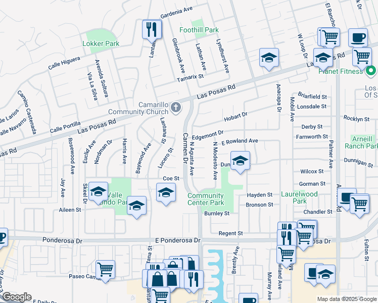 map of restaurants, bars, coffee shops, grocery stores, and more near 1255 North Agusta Avenue in Camarillo