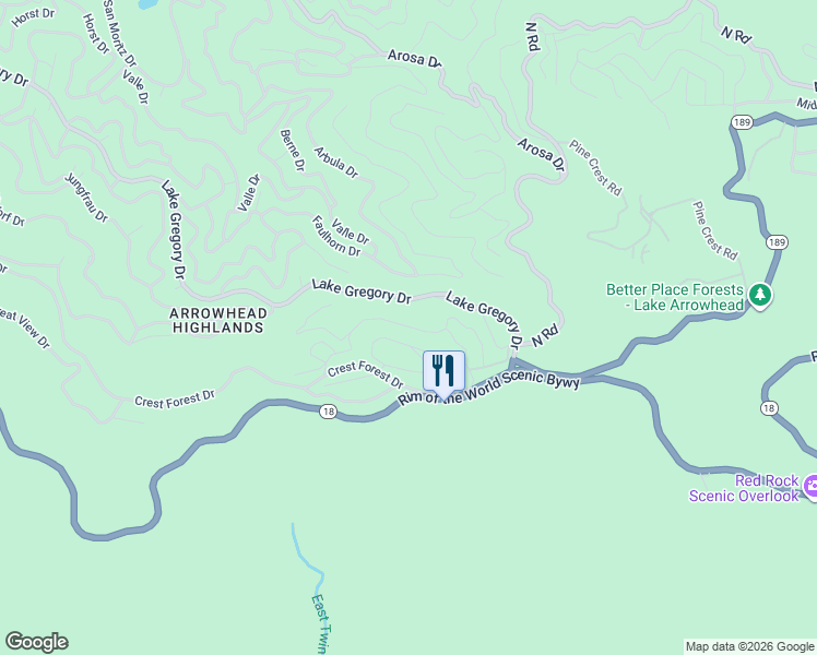 map of restaurants, bars, coffee shops, grocery stores, and more near Scenic View Drive in Crestline