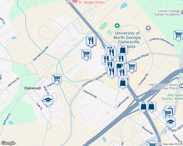 map of restaurants, bars, coffee shops, grocery stores, and more near 3839 Mundy Mill Road in Oakwood