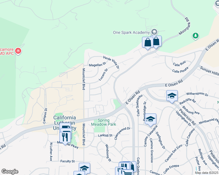 map of restaurants, bars, coffee shops, grocery stores, and more near 142 Ventana Court in Thousand Oaks