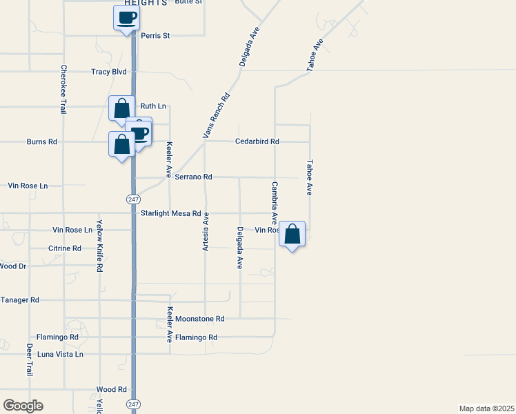 map of restaurants, bars, coffee shops, grocery stores, and more near 56496 Starlight Mesa Road in Yucca Valley