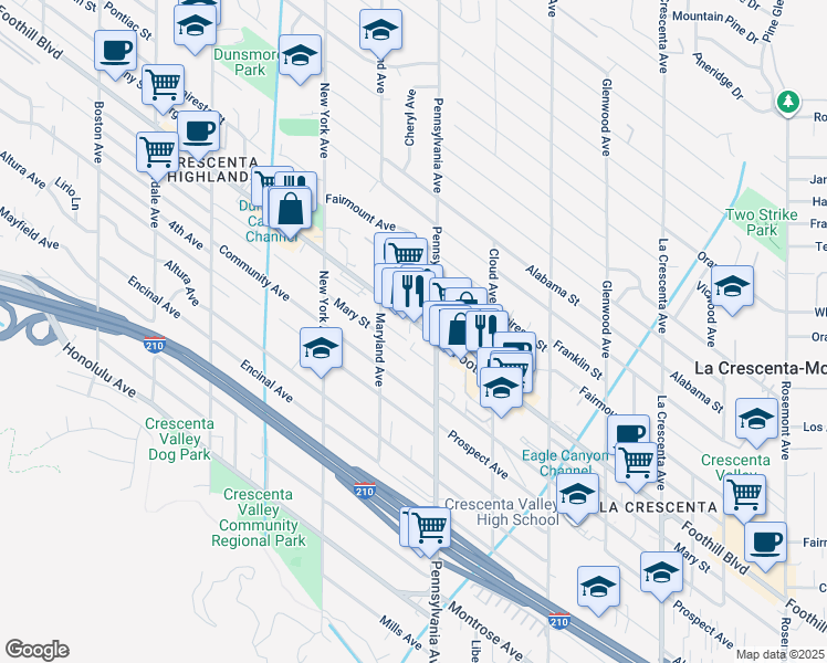 map of restaurants, bars, coffee shops, grocery stores, and more near 3220 Foothill Boulevard in Glendale