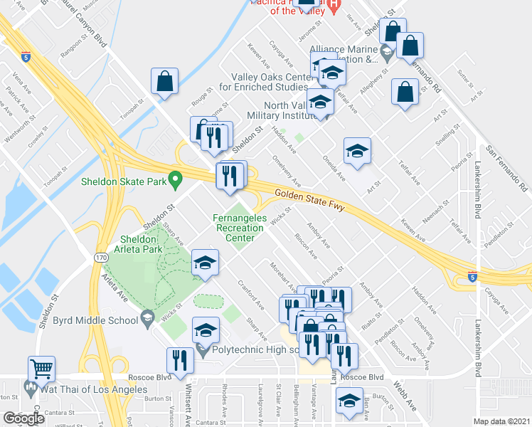map of restaurants, bars, coffee shops, grocery stores, and more near 8866 Laurel Canyon Boulevard in Los Angeles