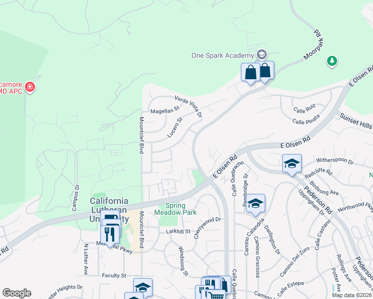map of restaurants, bars, coffee shops, grocery stores, and more near 142 Ventana Court in Thousand Oaks