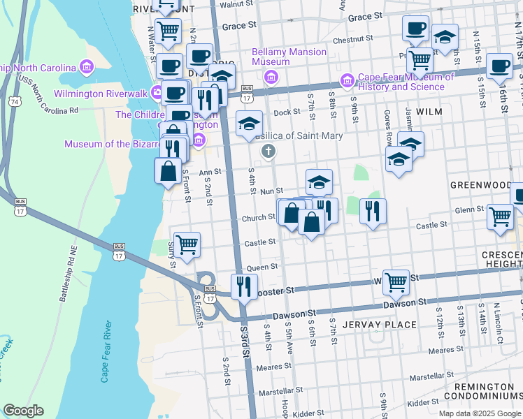 map of restaurants, bars, coffee shops, grocery stores, and more near 416 South 5th Avenue in Wilmington