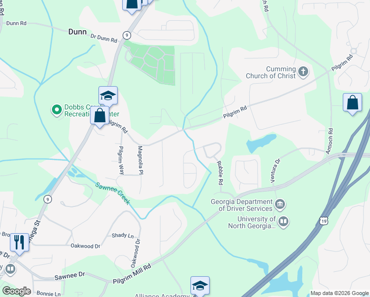 map of restaurants, bars, coffee shops, grocery stores, and more near 1424 Brookmere Way in Cumming