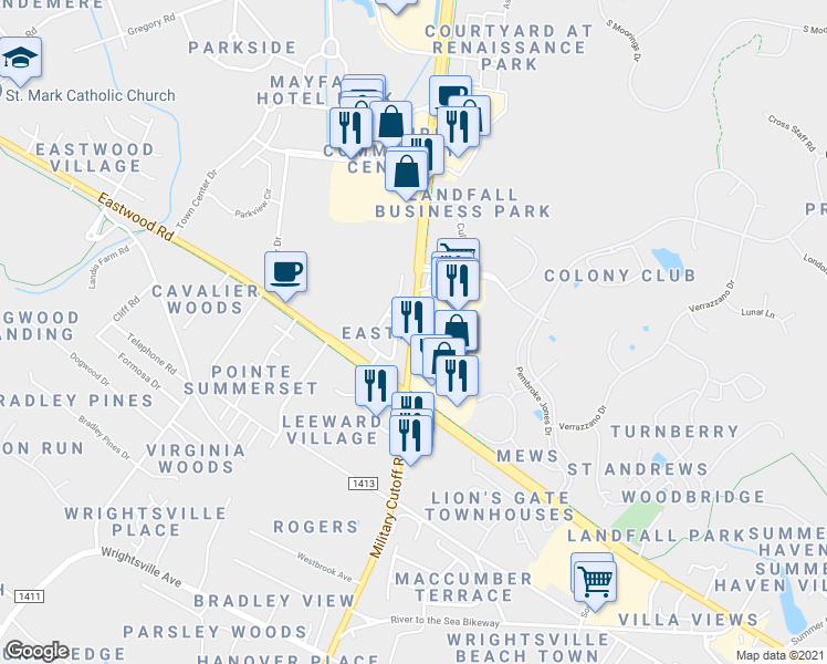 map of restaurants, bars, coffee shops, grocery stores, and more near 1325 Military Cutoff Rd in Wilmington