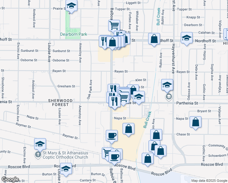 map of restaurants, bars, coffee shops, grocery stores, and more near 8747 Sari Avenue in Los Angeles