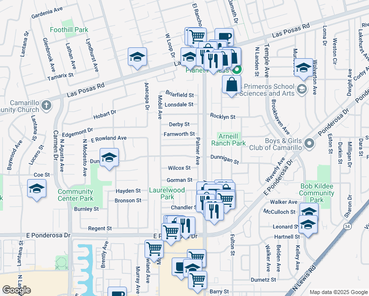 map of restaurants, bars, coffee shops, grocery stores, and more near 2208 Sherborne Street in Camarillo