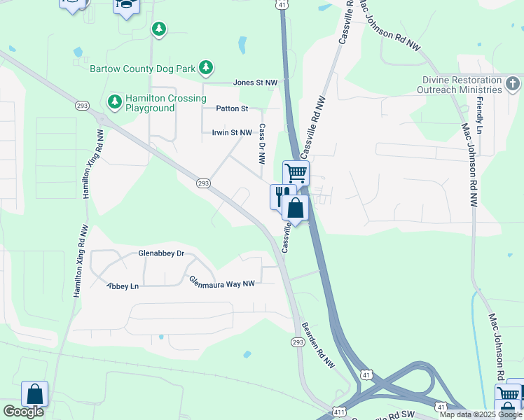 map of restaurants, bars, coffee shops, grocery stores, and more near 54 Kingston Highway Northwest in Cartersville