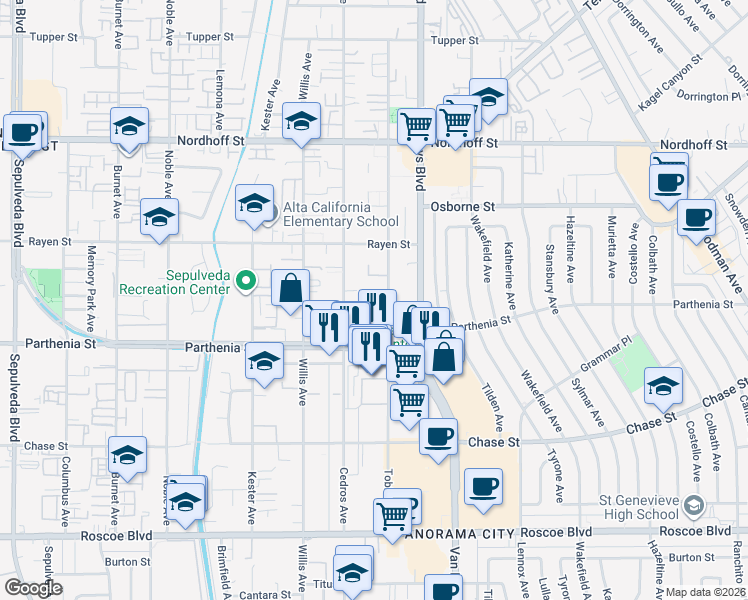 map of restaurants, bars, coffee shops, grocery stores, and more near 8801 Tobias Avenue in Los Angeles