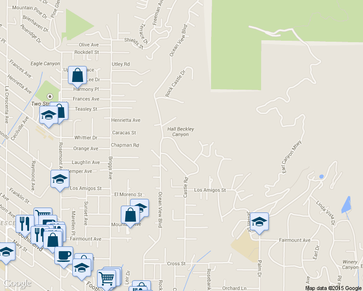 map of restaurants, bars, coffee shops, grocery stores, and more near 5246 Castle Road in La Cañada Flintridge