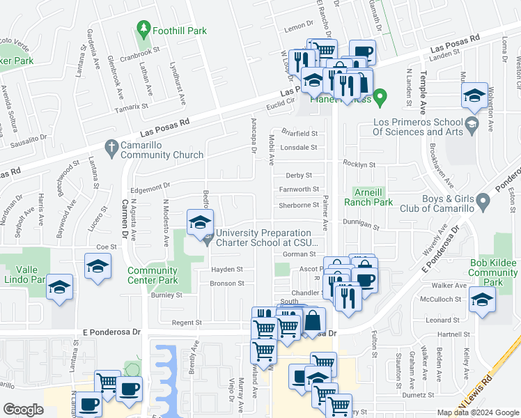 map of restaurants, bars, coffee shops, grocery stores, and more near 1222 Rowland Avenue in Camarillo