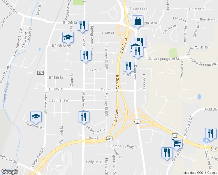 map of restaurants, bars, coffee shops, grocery stores, and more near 1815 Flannery Street Southwest in Rome