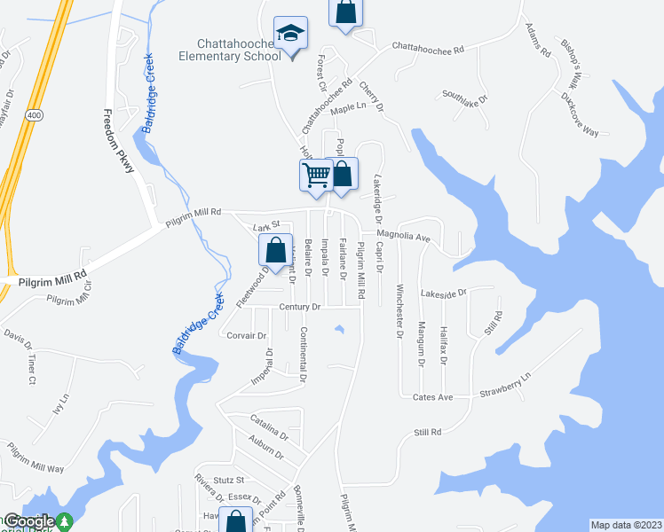 map of restaurants, bars, coffee shops, grocery stores, and more near 2565 Impala Drive in Cumming