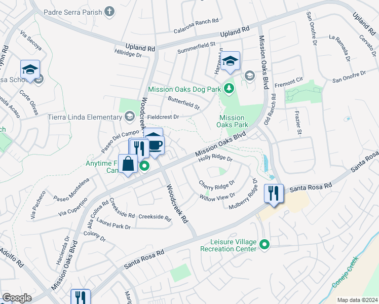 map of restaurants, bars, coffee shops, grocery stores, and more near 1203 Calle Lozano in Camarillo