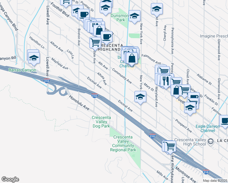map of restaurants, bars, coffee shops, grocery stores, and more near 3540 Altura Avenue in Glendale