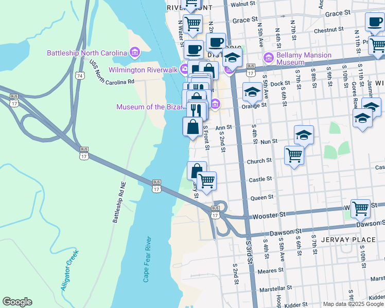 map of restaurants, bars, coffee shops, grocery stores, and more near 10 Nun Street in Wilmington
