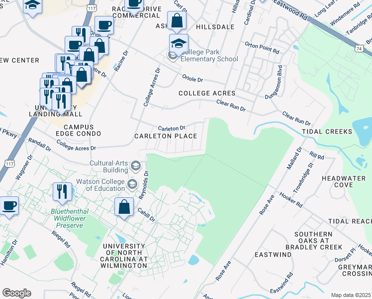 map of restaurants, bars, coffee shops, grocery stores, and more near 5006 Carleton Drive in Wilmington
