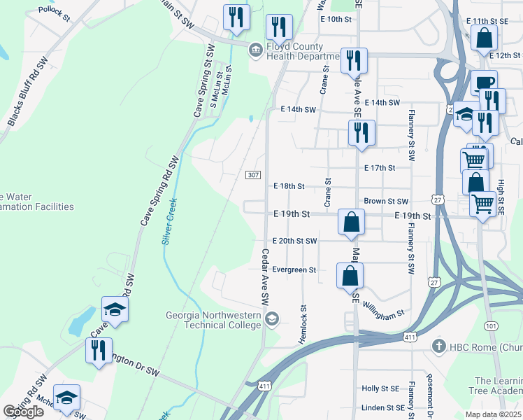 map of restaurants, bars, coffee shops, grocery stores, and more near 428 Cedar Avenue Southwest in Rome