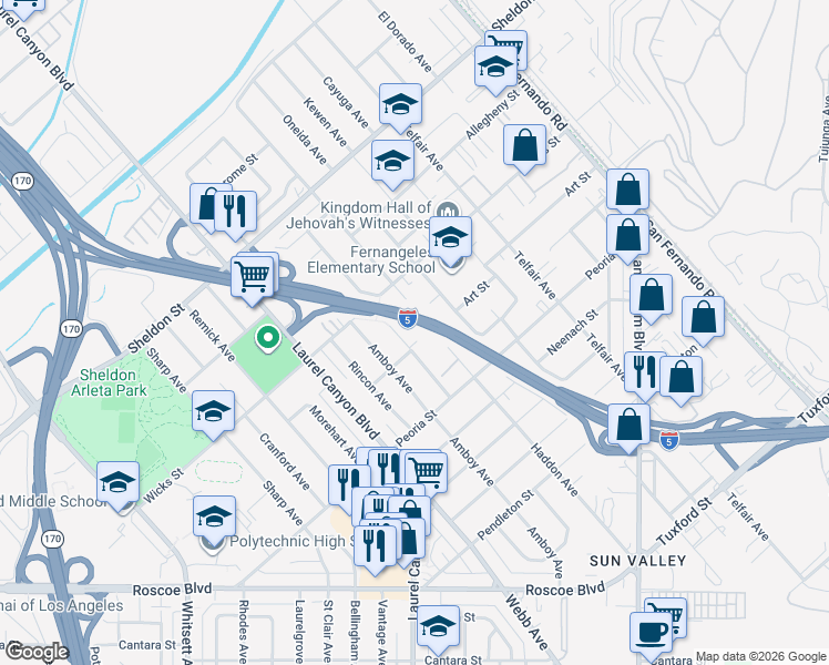 map of restaurants, bars, coffee shops, grocery stores, and more near 12103 Art Street in Los Angeles