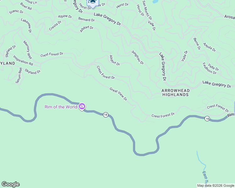 map of restaurants, bars, coffee shops, grocery stores, and more near 24419 Great View Drive in Crestline