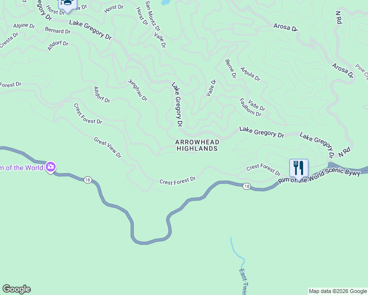 map of restaurants, bars, coffee shops, grocery stores, and more near 24732 Altdorf Drive in Crestline