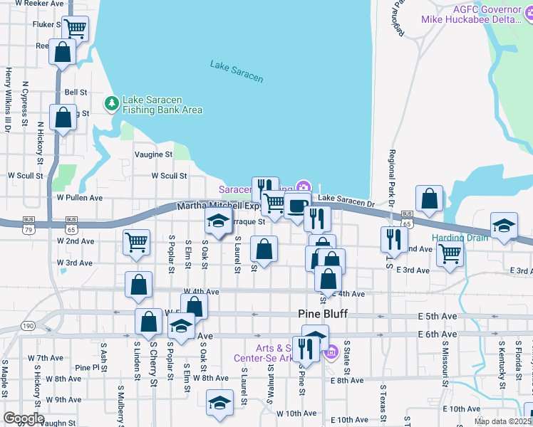 map of restaurants, bars, coffee shops, grocery stores, and more near 102 North Walnut Street in Pine Bluff