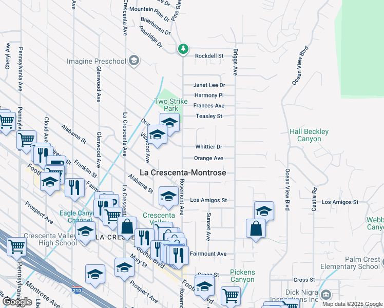 map of restaurants, bars, coffee shops, grocery stores, and more near 2542 Whittier Drive in La Crescenta-Montrose