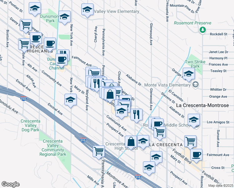 map of restaurants, bars, coffee shops, grocery stores, and more near 3054 Fairesta Street in La Crescenta-Montrose