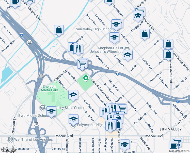 map of restaurants, bars, coffee shops, grocery stores, and more near 8866 Laurel Canyon Boulevard in Los Angeles