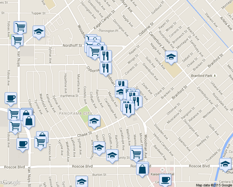 map of restaurants, bars, coffee shops, grocery stores, and more near 8811 Woodman Avenue in Los Angeles