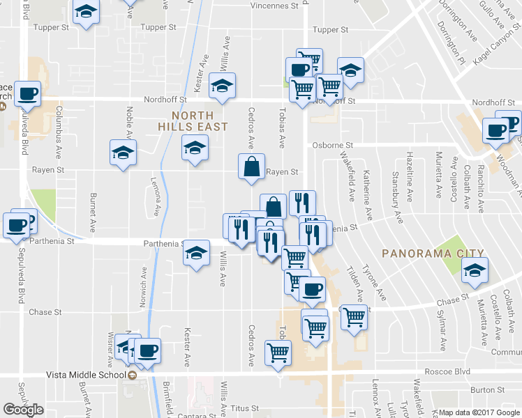 map of restaurants, bars, coffee shops, grocery stores, and more near 8786 Cedros Avenue in Los Angeles