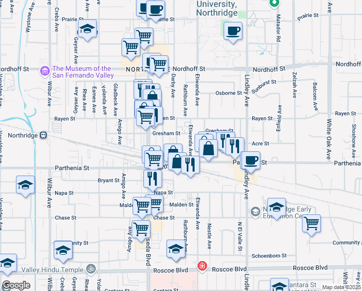 map of restaurants, bars, coffee shops, grocery stores, and more near 8745 Etiwanda Avenue in Los Angeles