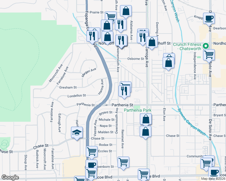 map of restaurants, bars, coffee shops, grocery stores, and more near 8758 Topanga Canyon Boulevard in Los Angeles