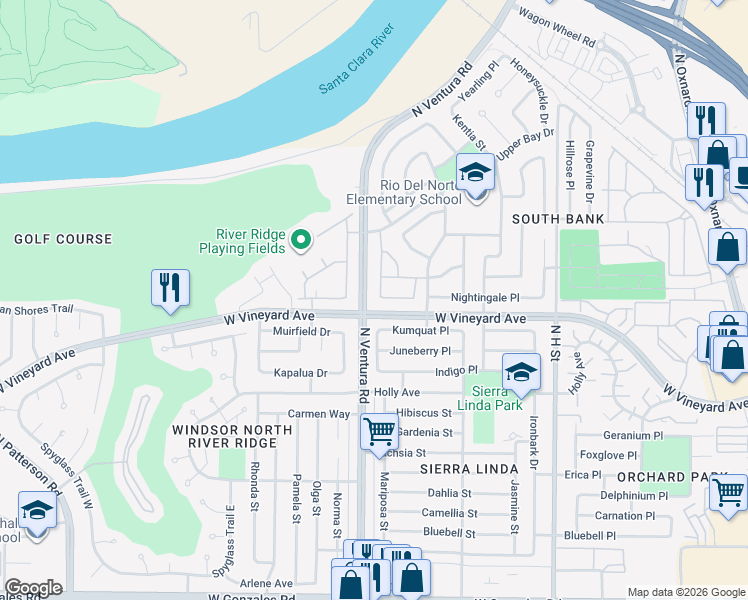 map of restaurants, bars, coffee shops, grocery stores, and more near 2306 Nicklaus Street in Oxnard