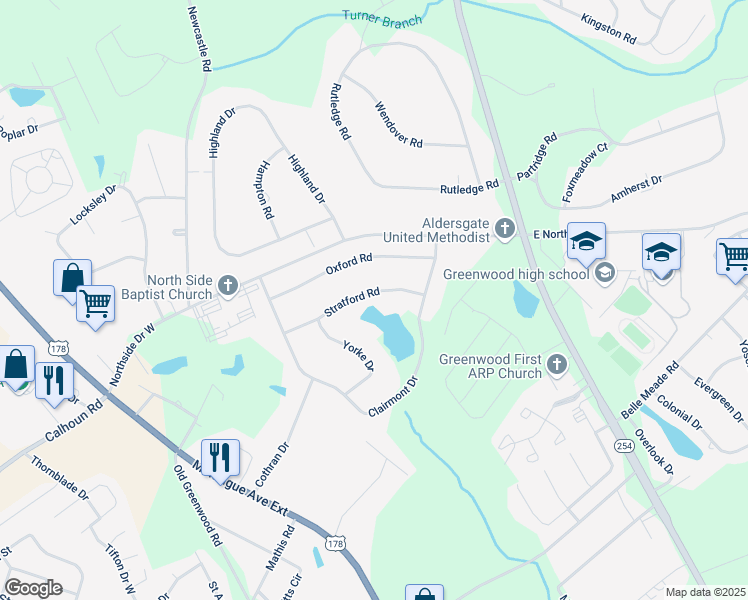 map of restaurants, bars, coffee shops, grocery stores, and more near 111 Stratford Road in Greenwood
