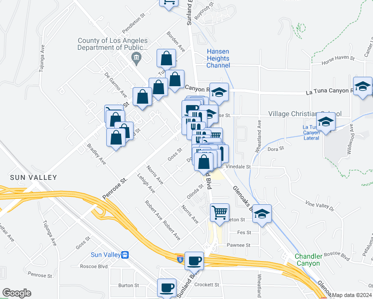 map of restaurants, bars, coffee shops, grocery stores, and more near 10900 Goss Street in Los Angeles