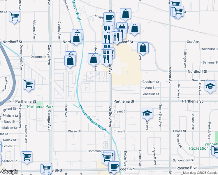 map of restaurants, bars, coffee shops, grocery stores, and more near 8761 De Soto Avenue in Los Angeles