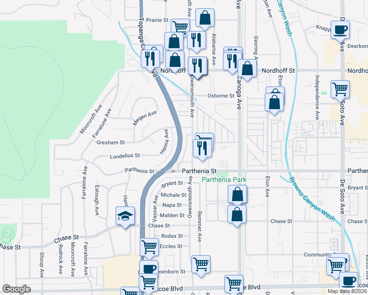 map of restaurants, bars, coffee shops, grocery stores, and more near 8806 Topanga Canyon Boulevard in Los Angeles