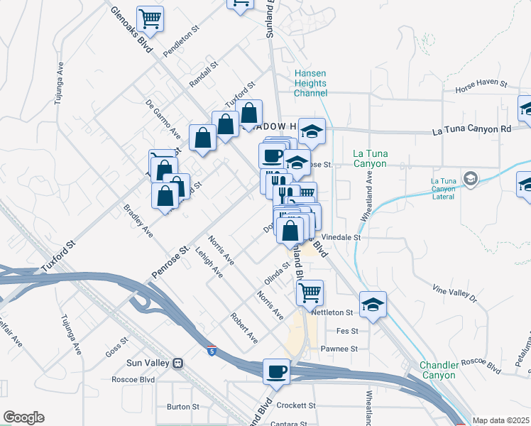map of restaurants, bars, coffee shops, grocery stores, and more near 10900 Goss Street in Los Angeles