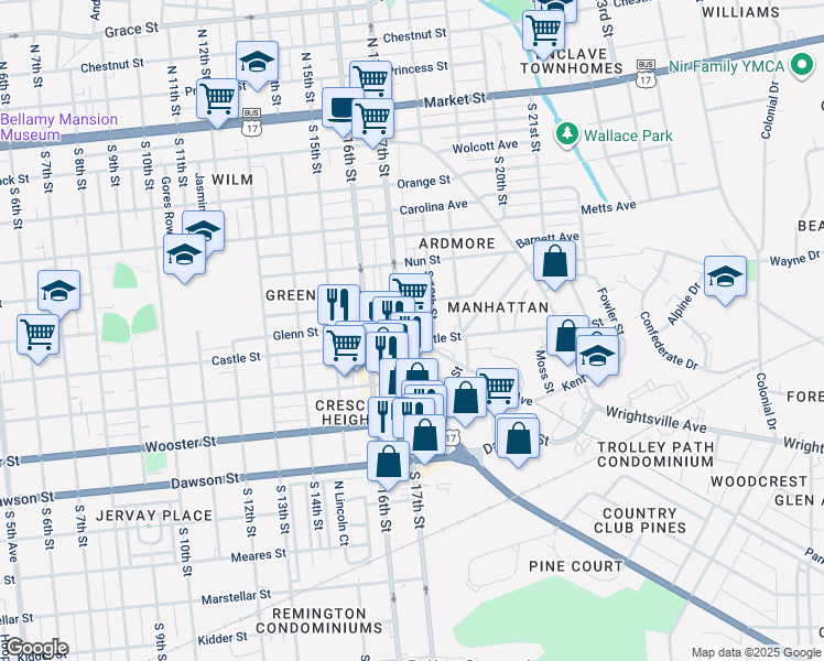 map of restaurants, bars, coffee shops, grocery stores, and more near 523 South 17th Street in Wilmington