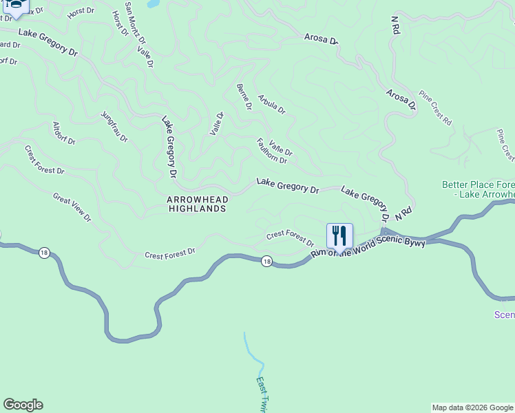 map of restaurants, bars, coffee shops, grocery stores, and more near 24938 Highland Drive in Crestline
