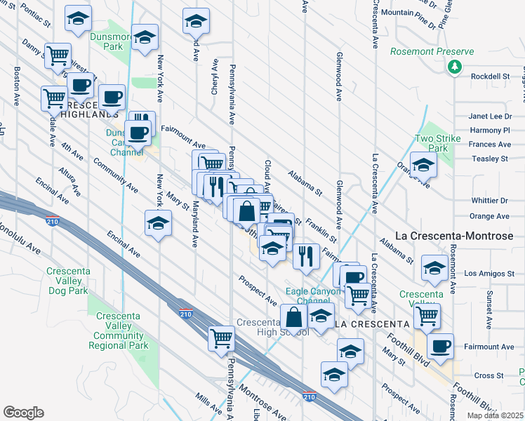 map of restaurants, bars, coffee shops, grocery stores, and more near 3123 Foothill Boulevard in La Crescenta-Montrose