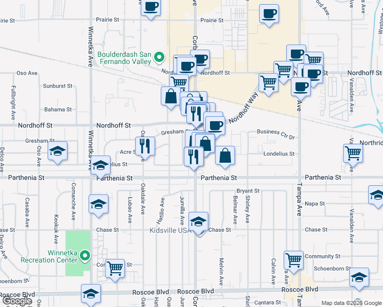 map of restaurants, bars, coffee shops, grocery stores, and more near 8761 Corbin Avenue in Los Angeles
