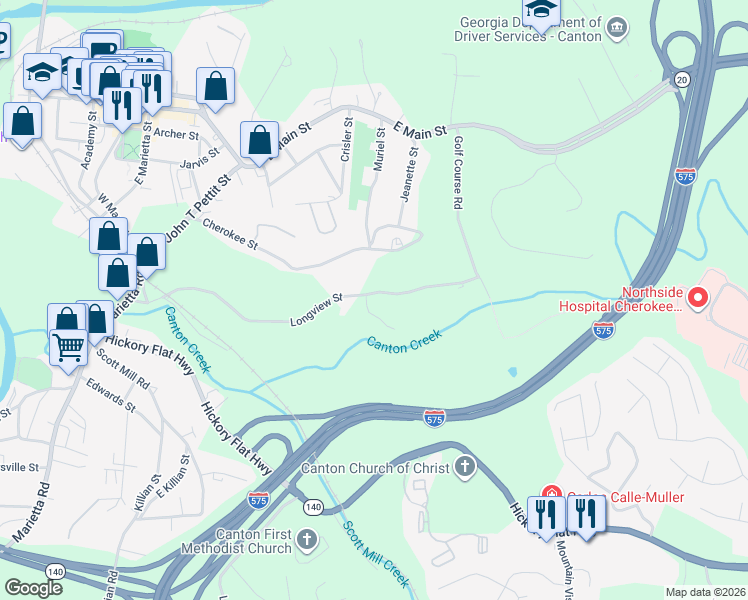 map of restaurants, bars, coffee shops, grocery stores, and more near 701 Longview Street in Canton