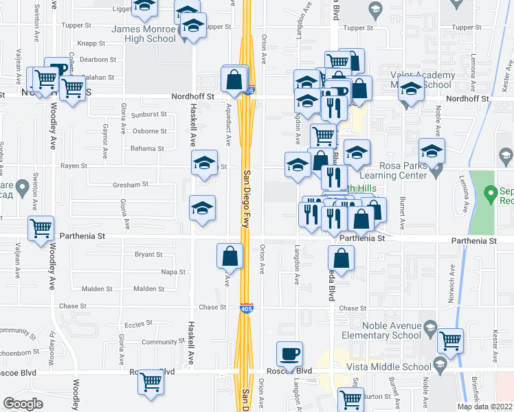 map of restaurants, bars, coffee shops, grocery stores, and more near 8761 Orion Avenue in Los Angeles